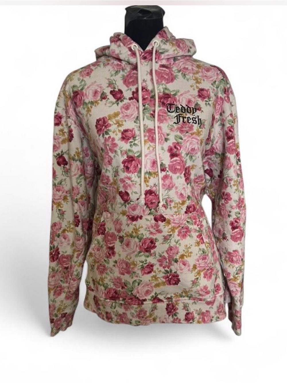 Teddy Fresh Women's Floral Pullover Hoodie Pink Ivory Green Pockets Size M